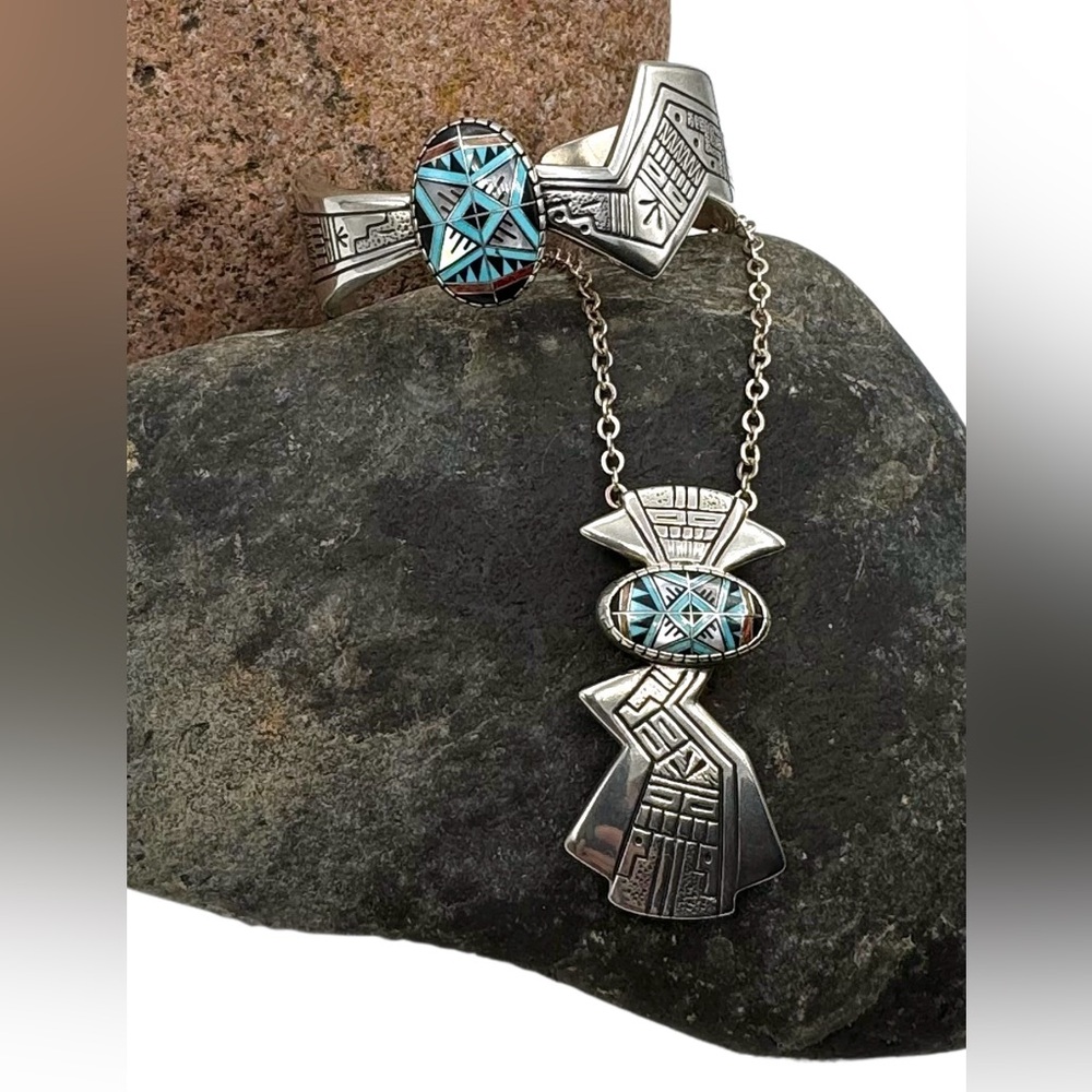 Roderick Tenorio Native American Sterling Stone Inlay Necklace Bracelet Set